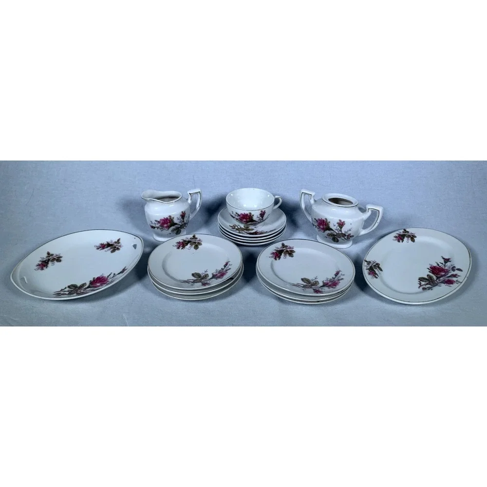 15 Pc Mini Porcelain Moss Rose Dish Set Hand Painted Gold Trim Japan